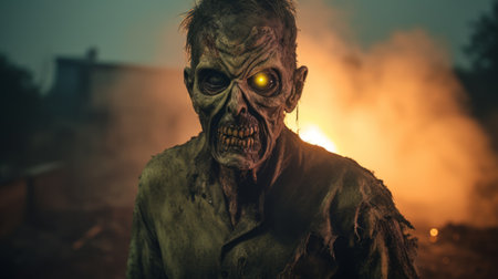 a zombie with fiery red eyes fiercely battles on a spooky hill. the golden light intensifies the close-up intensity of the scene, highlighting the light green and light brown tones. the western-style portrait captures the essence with symbolic props, while the dark gray and amber hues add to the eerie atmosphere. the emphasis lies on the zombie's haunting facial expression. ai generatedの素材