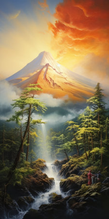 a watercolor painting captures the beauty of a mountain waterfall, reminiscent of digital fantasy landscapes. sunrays illuminate the scene, adding a touch of magic. this neo-traditional japanese artwork showcases the artist's skill in creating realistic oil paintings. with a resolution of 32k uhd, this national geographic photo embodies the essence of the northwest school. ai generatedの素材