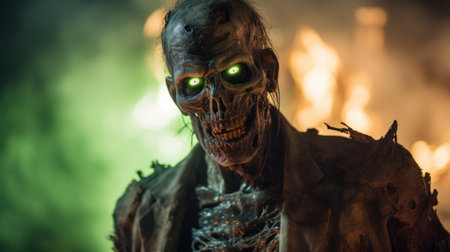 a zombie, with an elaborate costume and skeletal features, gazes ahead with anticipation as a bright light looms in the distance. the nature-inspired camouflage adds an eerie touch to the scene. captured with the topcor 58mm f14 lens, this uhd image by mort knstler showcases the intricate details of the zombie's expression. the rodenstock imagon 300mm f58 lens enhances the overall haunting atmosphere. ai generatedの素材