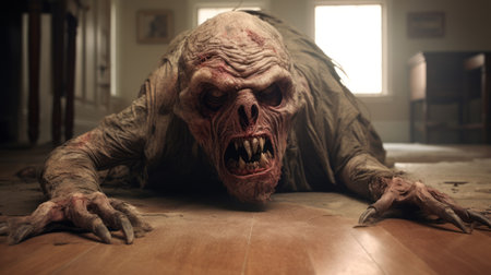 a demon, portrayed with hyper-realistic details, creeps silently on the floor in this captivating uhd image. this tabletop photograph, captured with a canon eos 5d mark iv, showcases the edgy political commentary intertwined with the supernatural. the demon's presence is intensified by the use of natural fibers, adding an extra layer of intrigue to this mesmerizing composition. ai generatedの素材