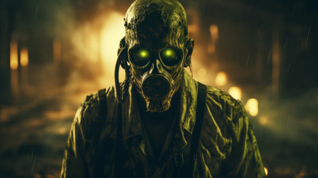 a zombie man with piercing green eyes stands in front of a city, illuminated by dramatic lighting effects. the scene is reminiscent of steampunk creatures and war photography, with a touch of the farm security administration aesthetics. the high-quality 8k resolution captures every detail, showcasing the eerie beauty of this haunting image. ai generatedの素材