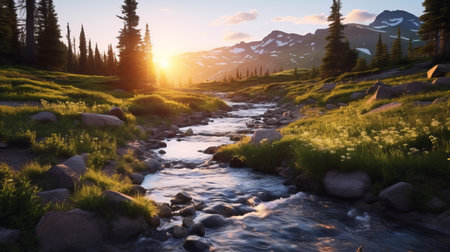 a stunning springtime mountain landscape with a picturesque sunset, featuring hyper-realistic water and a touch of the artistic styles of mike campau, stephen shortridge, and steve henderson. this uhd image captures the serene and minimalistic beauty reminiscent of whistlerian landscapes. ai generatedの素材