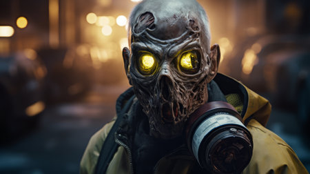 a zombie with a gas mask faces to the right in this cyberpunk-inspired photo. shot with a canon eos 5d mark iv, the image features a dark yellow color palette and utilizes tilt-shift lenses for a unique perspective. the photo showcases photo-realistic techniques and draws inspiration from marvel comics. captured by photographer marcin sobas. ai generatedの素材