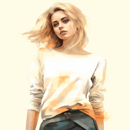 a photo of a women named emily depicted in a watercolor painting, showcasing an aggressive digital illustration style. the artwork features a combination of light orange and beige tones, with elements of street style realism and photo-realistic techniques. the use of daz3d software adds a manga-like touch to the overall composition, influenced by the artistic style of michael malm. ai generatedの素材