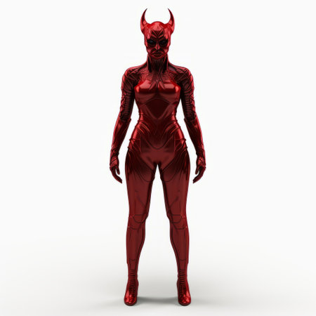 a 3d model of a devil woman, accompanied by two male figures, showcases bold saturation and innovative design. the intense play of light and shadow enhances the striking appearance of the characters. red threads add a touch of intrigue, while the smooth and shiny texture creates a visually captivating effect. the monochromatic imagery exudes a shiny and glossy allure, emphasizing the animalistic intensity of theの素材