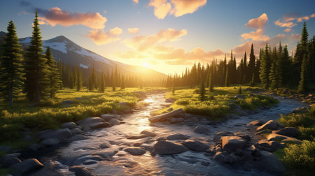 a small creek winds its way through a picturesque landscape adorned with majestic trees and towering mountains. this stunning image, created using vray tracing and rtx technology, showcases the beauty of nature with its golden light and whistlerian atmosphere. the impressive skies and attention to detail capture the essence of the environment, promoting environmental awareness. ai generatedの素材