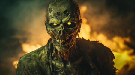 a mummy, portrayed in a realistic hyper-detailed rendering, stands next to an open fire in the background. the dark yellow and green tones enhance the eerie atmosphere, while the mummy's strong facial expression adds to the intensity. this close-up shot by marcin sobas captures the essence of halloween, with a captivating backlight highlighting the scene. ai generatedの素材