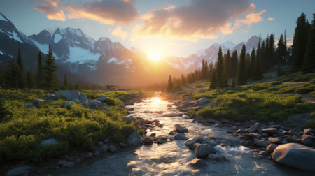 a stunning nature-inspired photograph showcasing a majestic mountain and a serene stream, with the mountain beautifully framed in the background. captured in the style of vray tracing, this national geographic-worthy image bathes in golden light, reminiscent of whistlerian landscapes. the lush and detailed scenery is presented in high resolution, allowing you to immerse yourself in the breathtaking beauty of this captivating scene. ai generatedの素材
