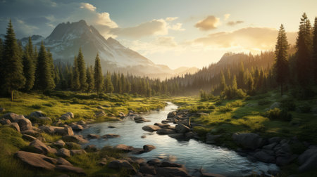 a breathtaking sunset illuminates the majestic mountains and rugged rocks that encircle a tranquil stream. this stunning scene, reminiscent of the style of unreal engine, mike campau, and bob ross, captures the essence of serene pastoral landscapes. with a touch of realism, the interplay of light and shadow beautifully portrays nature's awe-inspiring beauty, akin to the works of ivan shishkin. ai generatedの素材