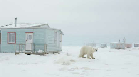 small chalet surrounded by white snow, reminiscent of inuit art. captivating documentary photos featuring naturalistic animal paintings, realistic urban scenes, and serene seaside scenes. shot with the tokina opera 50mm f/1.4 ff lens, the images showcase a vibrant color palette of yellow and aquamarine. ai generatedの素材