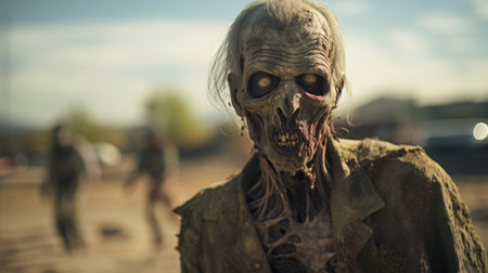 the walking dead game trailer on weta showcases intense portraiture and a shallow depth of field, capturing the essence of halloween. shot in the style of fujifilm xf 56mm f/1.2 r lens, the desertwave aesthetic is enhanced digitally, creating a dazecore atmosphere. ai generatedの素材