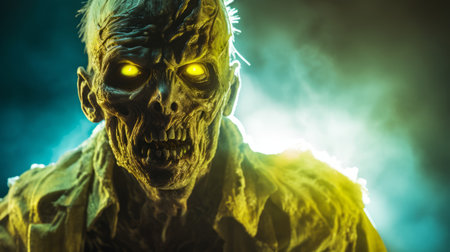 a close-up image of a haunting figurative green zombie with glowing faces, captured in the style of dark yellow and bronze. the photograph, taken by aleksi briclot, showcases the eerie beauty of this yankeecore-inspired creation. the lens flare adds an extra touch of mystique to the suburban ennui capturer. ai generatedの素材