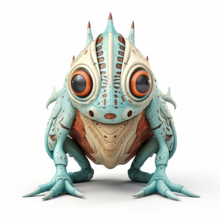 a surrealistic futuristic 3d model of a robotic toad, inspired by the intricate and bizarre illustrations of jeff soto. this cartoon-like creation features a strong facial expression and is rendered in a captivating light cyan and brown color scheme. with elements of solarpunk and futuristic sci-fi, this robotic toad is a unique and eye-catching piece of art. ai generatedの素材