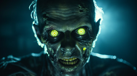 zombie eyes glow with an eerie white light in this black and white photograph. the dark yellow and light emerald tones add a sci-fi touch to the hyper-realistic image. sculpted with meticulous detail, these chilling creatures evoke the pioneering spirit of animated films. shot with a canon eos 5d mark iv, the dark blue and yellow hues intensify the haunting atmosphere. ai generatedの素材
