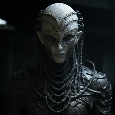 a creepy woman in an elaborate science fiction-inspired costume, intricately sculpted, captured in stunning 8k resolution. this photo showcases the influences of grant morrison and david eve ventrue, with a color palette of light gray and dark black. ai generatedの素材
