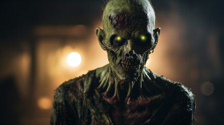 a dark green zombie with a hand and head of hair is depicted in this hyper-detailed rendering. the image is captured in the style of the canon ts-e 17mm f4l tilt-shift lens, showcasing realistic and detailed costumes. the use of the tokina at-x 11-16mm f2.8 pro dx ii lens adds intensity to the close-up shot, while lens flares enhance the overall effect. this image embodiesの素材