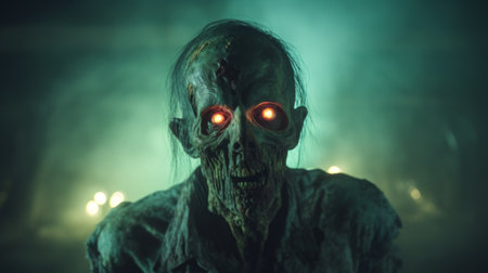 a zombie, with a skull motif on his face, walks through a crowded hallway. the realistic lighting in the style of light emerald and orange creates an eerie atmosphere. the close-up shots capture the details of the bronze sculptures, while lens flare adds a dramatic effect to the photo. ai generatedの素材