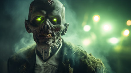 a zombie with intense green eyes appears on the screen of a phone, illuminated by dramatic lighting effects. the photo, captured with a nikon d750 and tokina at-x 11-16mm f/2.8 pro dx ii lens, showcases detailed costumes and a mist-like, organic sculpting. the image is enhanced with cross-processing techniques, creating a visually striking composition. ai generatedの素材