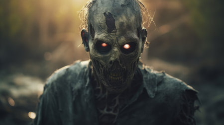 a zombie monster with distinct facial features is captured in this eerie photo taken with a nikon d750 camera. the glowing eyes of the creature add to its haunting presence, while the solarizing master technique used by photographer eve ventrue enhances the overall effect. this image, reminiscent of the work of joel robison, combines elements of horror and artistry, creating a calculated and captivating visualの素材
