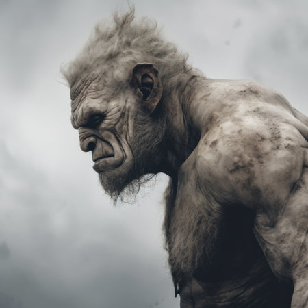 a majestic, gray beast gazes ahead and upward, reminiscent of epic fantasy scenes. its disfigured form captures the essence of zack snyder's style, while the photo itself exudes the raw character found in national geographic captures. the image also evokes the spirit of the danish golden age, with a touch of alex petruk's ape-like subjects. ai generatedの素材