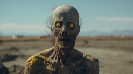 a man with a rotting face stands amidst a muddy landscape, portrayed in the distinctive style of cinema4d. the image showcases elements of desertpunk, with a color palette dominated by dark aquamarine and yellow tones. rendered in 32k uhd resolution, the scene evokes a sense of supernatural creatures and captures a feeling of suburban ennui. the man's slender figure adds to the overall eerie atmosphere.の素材
