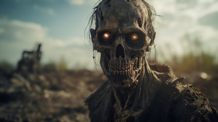 zombies roam a field at dusk in this hyper-realistic image. the close-up shots capture the intricate storytelling of the scene, with vray lighting enhancing the hyper-realistic sci-fi atmosphere. the skull motifs and burned-charred elements add an eerie touch to the composition. ai generatedの素材