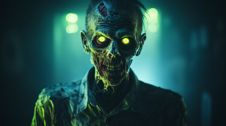 a scary zombie head with dark, menacing eyes and sharp teeth emerges from the shadows. the eerie atmosphere is enhanced by the lens flare effect, created using the tokina at-x 11-16mm f/2.8 pro dx ii lens. the photo features a combination of light green and amber tones, achieved through studio lighting and cross processing techniques. captured with a nikon d750, this haunting image is perfectの素材