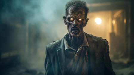 a zombie with a flashlight and glowing eyes walks through a dark room, creating a chilling atmosphere. this city portrait-style photo captures the essence of the undead with solarizing master techniques and softbox lighting. the smokey background adds to the eerie ambiance, while the close-up shot showcases the details of this chilling creature. ai generatedの素材