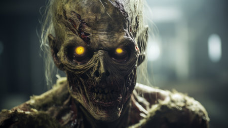 a zombie in motion is captured in a dark scene, showcasing its shiny eyes with a yellow and bronze hue. the realistic hyper-detail of the zombie's appearance adds to the eerie atmosphere. this image is reminiscent of earthcore and halloween themes, with a solarizing master effect that enhances the skeletal features of the zombie. ai generatedの素材