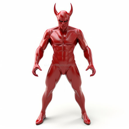 a red devil stands against a white background, exuding a sense of heroic masculinity. the image showcases the sleek metallic finish and intuitive gestures, reminiscent of the cypherpunk movement. with influences from octane render and nabis art, this lowbrow artwork captures attention with its striking combination of colors and bold design. ai generatedの素材