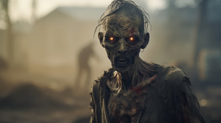a zombied man carrying a basket in the walking dead game, captured in close-up shots by marcin sobas. this eerie and realistic image, rendered in cinema4d, showcases the dark gray and bronze tones. the lens flare adds a dramatic touch to the scene, capturing the essence of suburban ennui. ai generatedの素材