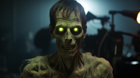 a zombie with piercing green eyes lurks in the darkness, captured in stunning detail through the hyper-realistic sculptures of cinema4d. this 8k resolution image, taken with a zeiss batis 18mm f2.8 lens, showcases the intricate costumes and eerie ambiance. the light green and dark amber tones add to the haunting atmosphere, making this webcam photograph a truly captivating sight. ai generatedの素材