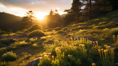sunset view of norwegian-style mountains adorned with yellow flowers and surrounded by grasses near rocks. captured with the zeiss batis 18mm f2.8 lens, this atmospheric woodland imagery showcases a play of light and shadow. the photo features a matte finish, highlighting the light yellow and emerald tones. terragen adds to the overall natural beauty of the scene. ai generatedの素材