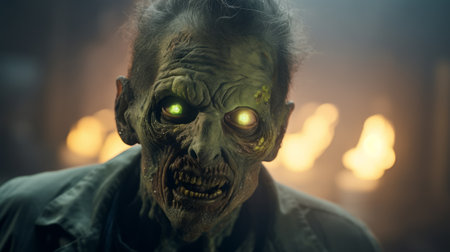 a zombie monster stands menacingly before a group of burning candles. rendered in the style of unreal engine, this intense portraiture captures the essence of scoutcore. the scene is dominated by shades of green and bronze, enhancing the intensity of the close-ups. created using daz3d, this realistic and hyper-detailed rendering brings the zombie monster to life. ai generatedの素材