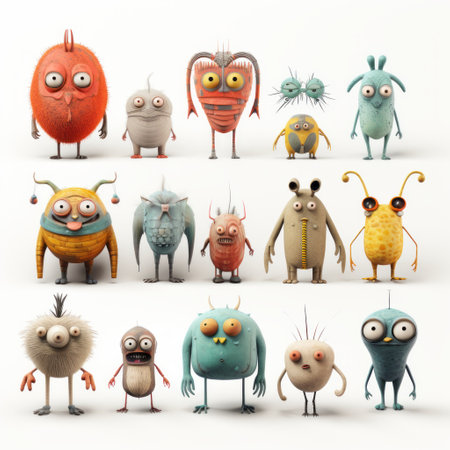 a group of realistic and hyper-detailed bugcore monsters with soft and rounded forms. this uhd image showcases charming characters in dark orange and light cyan colors. the humorous imagery of these colorful monsters adds a playful touch to the scene. ai generatedの素材