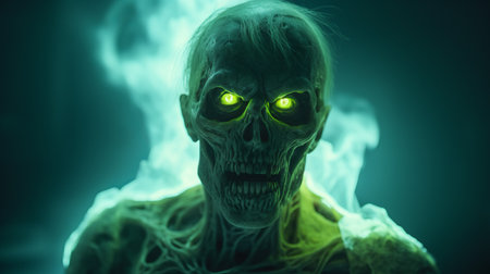 a halloween 3d skeleton monster image, designed for display purposes only. this image showcases a dark sky-blue and light green color scheme, emphasizing the intensity of chemical reactions. with a close-up perspective, it features flickering light effects and a mist-like composition. the monster's strong facial expression adds to its overall impact. ai generatedの素材