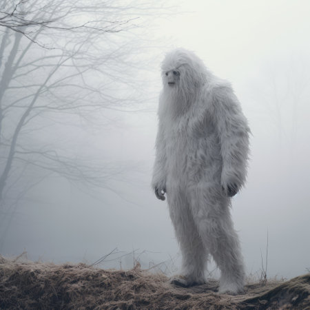 an old man, dressed in white, stands in the fog, surrounded by whimsical yet eerie animal symbolism. the scene is set in a gigantic scale, reminiscent of forestpunk aesthetics, showcasing the beauty of norwegian nature. this absurdist installation combines elements of furry art and is captured with a konica big mini camera. ai generatedの素材