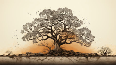 a tree stands tall in a natural landscape, its branches reaching out in an intricate and bizarre pattern. the colors of light orange and dark brown create a captivating contrast. this narrative-driven visual storytelling captures the essence of zen-inspired ink painting, with life-like avian illustrations adding depth to the scene. this uhd image showcases the beauty of chicano art. ai generatedの素材