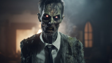 a zombie, dressed in a suit, stands outside a dark room. the photo is captured in the style of tilt-shift lenses, showcasing a strong facial expression. the image has a solarizing master effect, adding a unique touch. this photo combines elements of grandparentcore, edgy political commentary, and features the use of ue5 technology with an m42 mount. ai generatedの素材