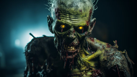 a close-up photo of a hyper-realistic zombie sculpture by david nordahl, captured with a canon eos 5d mark iv. the intense and dark environment enhances the eerie atmosphere, with light green and dark amber tones adding to the haunting effect. this macro photograph beautifully captures the suburban ennui and showcases the intricate details of the sculpture. ai generatedの素材