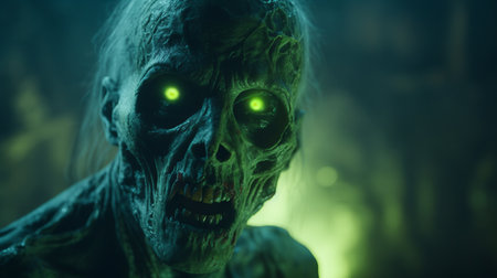 a zombie's face with green neon eyes, rendered in the fantastical style of unreal engine. this otherworldly creature showcases the precisionist art of unreal engine 5, with skeletal features and eerily realistic details. the dramatic lighting adds to the overall effect, creating a realistic still life that captivates. ai generatedの素材