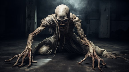 a grotesque witch with long claws sits in a dark room, surrounded by smoke. this hyper-realistic sci-fi artwork, inspired by the style of anton semenov, features a witch made of vines. created by matthias haker, the image captures intense movement and expression, with a touch of zombiecore and skeletal elements. ai generatedの素材