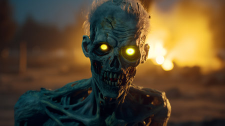 a photo of a zombiethemed ghostlike gameplay video game is depicted in this image. the dark cyan and gold color scheme adds to the eerie atmosphere, while the photorealistic detailing created using zbrush is truly impressive. the solarizing master technique and warmcore effect enhance the emotional impact of the scene, with the golden light casting an otherworldly glow. ai generatedの素材