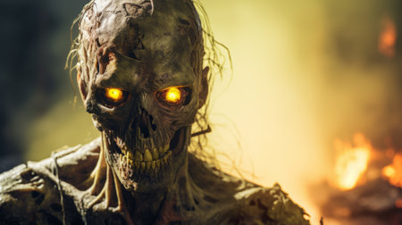 a skeleton with glowing eyes stands in front of a burning fire, creating a captivating image. the lens flare effect adds a dramatic touch to the scene. the dark yellow and light green colors enhance the intensity, while the dark gray and bronze tones create a mysterious atmosphere. this close-up photograph, captured by matthias haker and inspired by the style of frank mccarthy, is aの素材