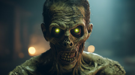 the photo showcases a realistic and detailed rendering of a zombie character with striking green eyes. created using the cinema4d software and the petzval 85mm f22 lens, the image captures the eerie atmosphere of the upcoming video game. with its yankeecore and wormcore elements, the dark amber tones and the use of octane render add to the haunting aesthetic. ai generatedの素材
