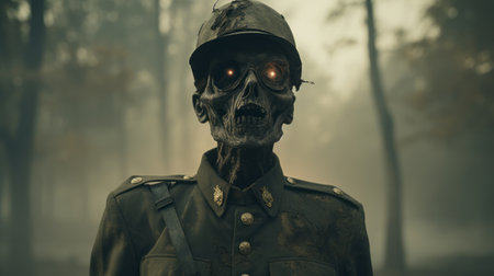 a close-up photo of a new post-apocalypse horror zombie in the woods, rendered in the cinematic style of cinema4d. the zombie has a dieselpunk aesthetic, with dark gray and bronze tones. captured using the sony alpha a7 iii, the photo showcases a militaristic realism, with intricate details and a haunting atmosphere. ai generatedの素材