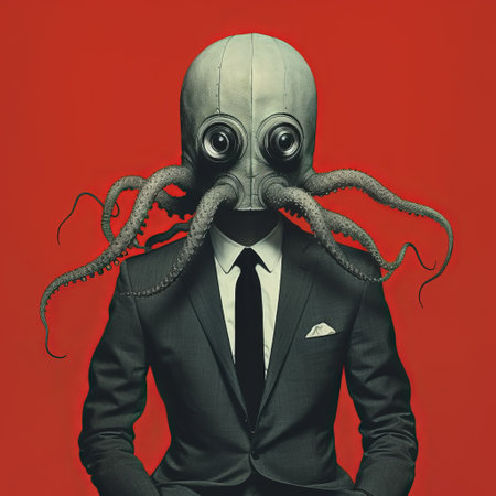 an orange suit with an octopus head is depicted in this surreal portraiture-style photograph. the dark gray and red color scheme creates a matte effect, adding to the overall mysterious atmosphere. this corporate punk-inspired image has elements of historical illustration, with monochromatic portraits and the use of a sabattier filter. ai generatedの素材