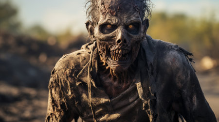 a zombie with a face covered in realistic makeup and prosthetics is captured in this high-definition image. the depth of field technique adds a captivating touch to the detailed costumes and bronze-like appearance. this national geographic photo showcases an edgy political commentary within post-apocalyptic landscapes. ai generatedの素材