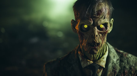 zombie android wallpaper image featuring haunting portraiture and a realistic depiction of light. the image is captured in the style of the carl zeiss distagon t 15mm f/2.8 ze lens, showcasing lens flares and a dark gold and green color scheme. this ultra hd wallpaper captures a sense of suburban ennui. ai generatedの素材