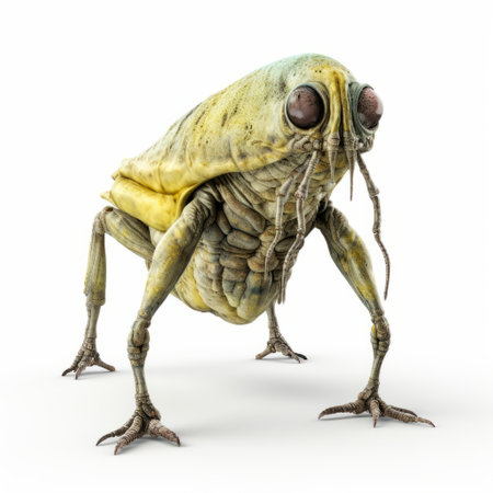 insect bug with a large body and wide legs, resembling a science-fiction dystopia creature. the bug is depicted in light yellow and green colors, with realistic renderings of the human form. the image showcases layered fibers and a grotesque caricature, creating a unique and intriguing visual. this associated press photo captures the essence of an otherworldly and unsettling creature. ai generatedの素材